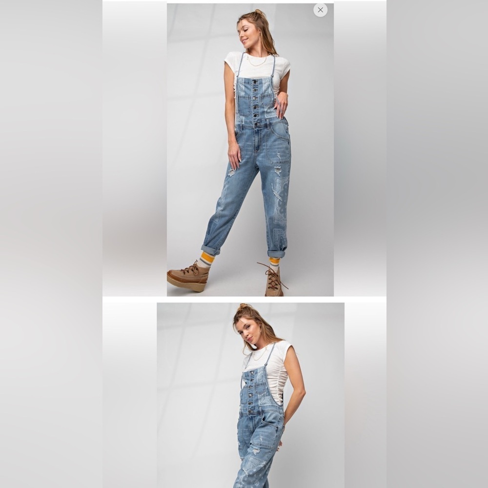 Easel Los Angeles Distressed Bandana Denim Overalls Small - Picture 3 of 12
